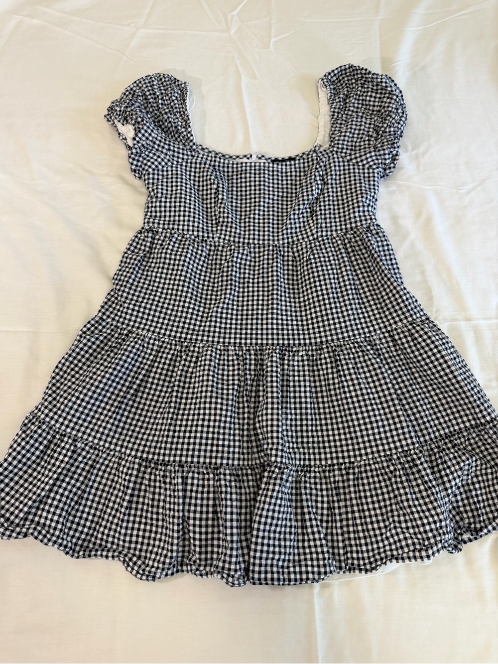 Girls Black & White Gingham Tiered Dress with Puff Sleeves